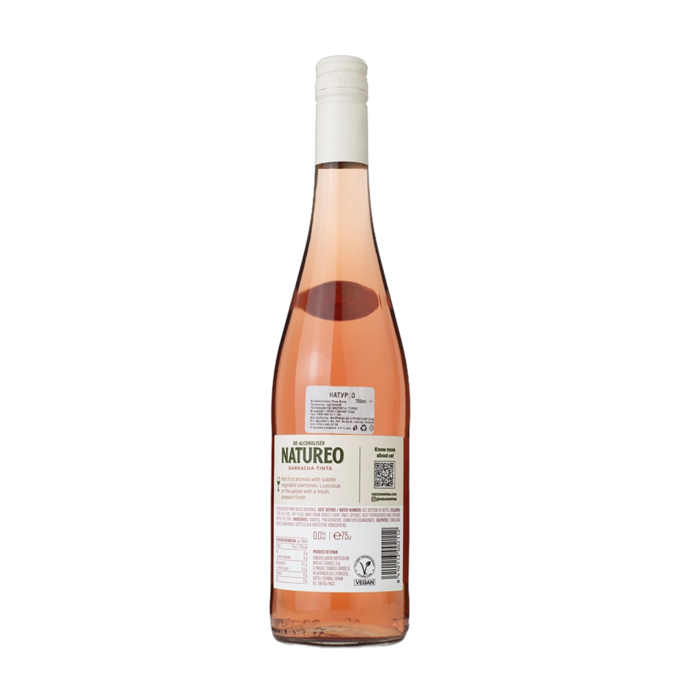 Garrafa do vinho sem alcool natureo rose com rótulo em destaque