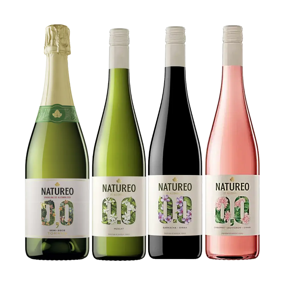 degustacao completa natureo - vinhos e espumante sem alcool. Moscat, Garnacha tinta, shiraz.