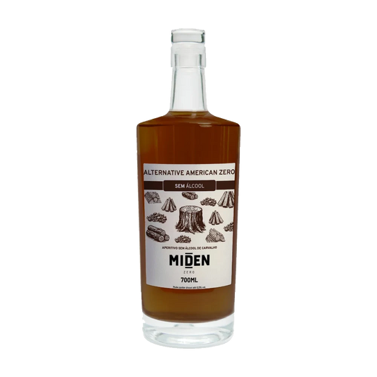 garrafa frontal do whisky sem alcool da marca miden, alternative american zero